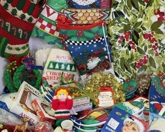 Christmas Mystery Lot with Tree Skirts, Stockings, Ornaments, Lots of Vintage Misc.