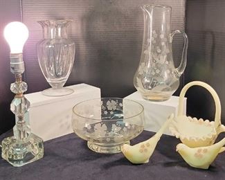 Fenton Basket, Romanian Crystal Bowl, Matching Pitcher, Crystal Lamp, Vintage Mikasa Rosella Pink