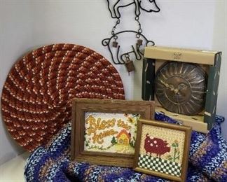 Hand Crochet Rug, Framed Needlepoint Pictures, Piglet Chimes, Garden Clock, and Woven Seat Pad