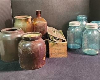 Purina Vintage Milk Scale, Four Ball Jars, Vintage Amber Bottle, and Three Various Size Crocks