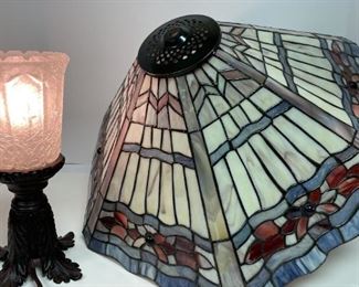 Reproduction Stained Glass Lamp Shade and Small Crackle Bedside Lamp