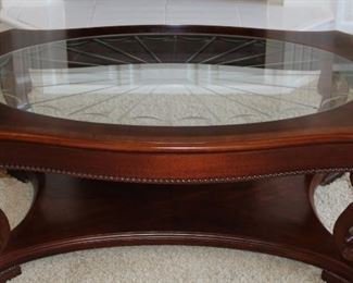 Haverty's etched glass top, carved coffee table.