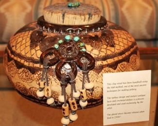 Clay Vessel W/ Turquoise Stones ( Cork Top) by Patricia Williams