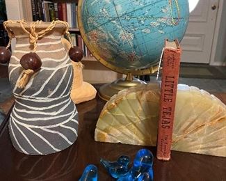 globe, onyx bookends, blue glass bird trio