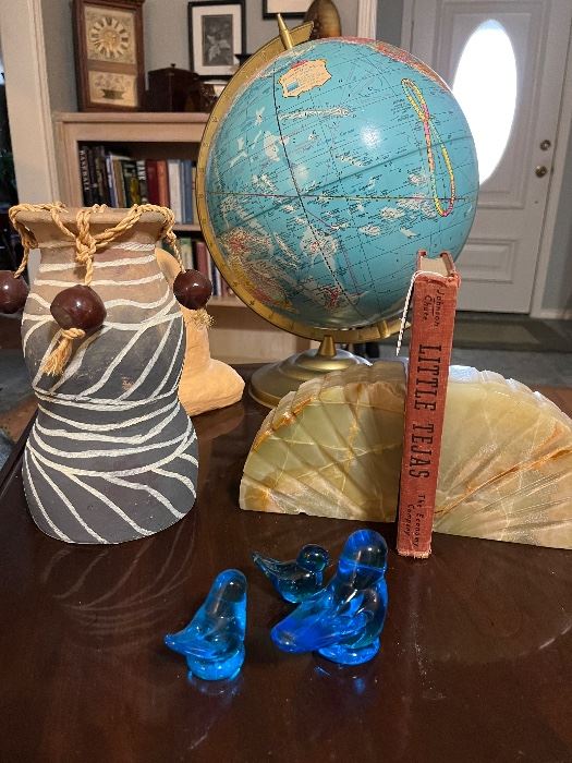 globe, onyx bookends, blue glass bird trio