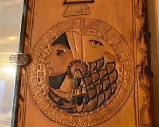 Leather Bar and Mirror with 6 Barstools The design details feature Aztec Eagle Warriors and Teotihuacán pyramid