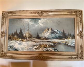 Snowy mountain cabin artwork