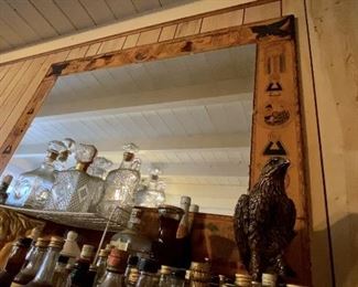 Leather Bar and Mirror with 6 Barstools The design details feature Aztec Eagle Warriors and Teotihuacán pyramid