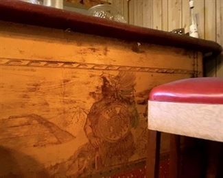 Leather Bar and Mirror with 6 Barstools The design details feature Aztec Eagle Warriors and Teotihuacán pyramid