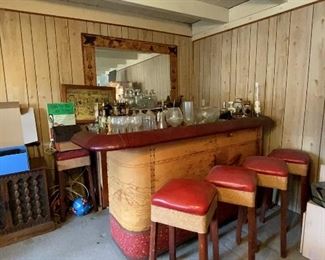 Leather Bar and Mirror with 6 Barstools The design details feature Aztec Eagle Warriors and Teotihuacán pyramid