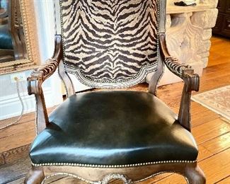 Britt Carter Reproduction Bergere Chair with Black Leather Upholstered Seat and Zebra Print Upholstered Front and Back. Chair Measures 32" x 32." Photo 1 of 7.
