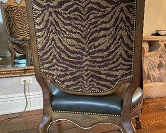 Britt Carter Reproduction Bergere Chair with Black Leather Upholstered Seat and Zebra Print Upholstered Front and Back. Chair Measures 32" x 32." Photo 6 of 7.