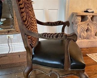 Britt Carter Reproduction Bergere Chair with Black Leather Upholstered Seat and Zebra Print Upholstered Front and Back. Chair Measures 32" x 32." Photo 7 of 7.