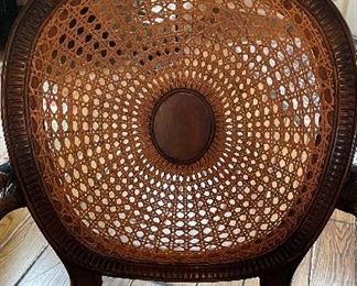 Pair of Maitland-Smith Spider Back Cane Arm Chairs with Black Leather Upholstered Seats. Photo 2 of 5.