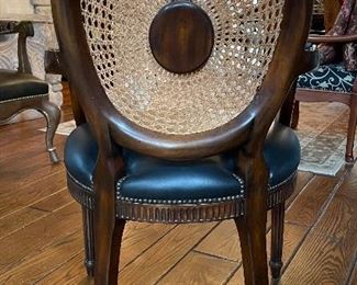 Pair of Maitland-Smith Spider Back Cane Arm Chairs with Black Leather Upholstered Seats. Photo 3 of 5.