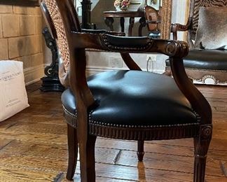 Pair of Maitland-Smith Spider Back Cane Arm Chairs with Black Leather Upholstered Seats. Photo 4 of 5.