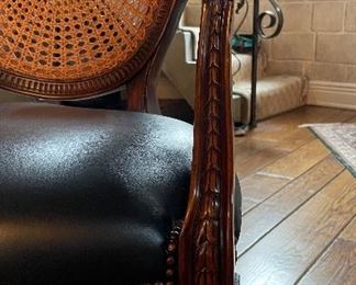 Pair of Maitland-Smith Spider Back Cane Arm Chairs with Black Leather Upholstered Seats. Photo 5 of 5.