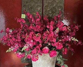Faux Flower Arrangement of Snapdragons, Roses, Azaleas in Composite Planter. Measures 50" W x 36" H.