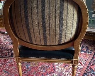 Pair of Antique Black Leather Gilt Bergere Chairs With Contrasting Fabric On Backs. Each Measures 34" x 30" D. Photo 2 of 4.