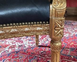 Pair of Antique Black Leather Gilt Bergere Chairs With Contrasting Fabric On Backs. Each Measures 34" x 30" D. Photo 3 of 4.