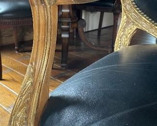 Pair of Antique Black Leather Gilt Bergere Chairs With Contrasting Fabric On Backs. Each Measures 34" x 30" D. Photo 4 of 4.