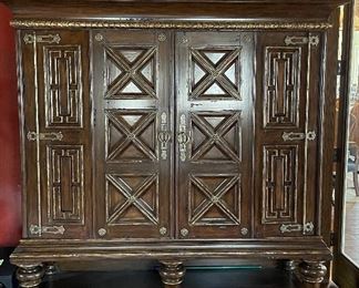 Maitland-Smith Reproduction Jacobean-Style Carved Walnut Hutch / Cabinet with Brass Hardware. Measures 74" W x 22" D x 78" H. Photo 1 of 6.