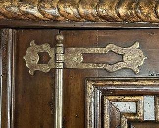 Maitland-Smith Reproduction Jacobean-Style Carved Walnut Hutch / Cabinet with Brass Hardware. Measures 74" W x 22" D x 78" H. Photo 2 of 6.