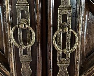 Maitland-Smith Reproduction Jacobean-Style Carved Walnut Hutch / Cabinet with Brass Hardware. Measures 74" W x 22" D x 78" H. Photo 3 of 6.