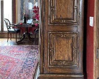 Maitland-Smith Reproduction Jacobean-Style Carved Walnut Hutch / Cabinet with Brass Hardware. Measures 74" W x 22" D x 78" H. Photo 5 of 6.