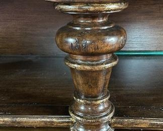 Maitland-Smith Reproduction Jacobean-Style Carved Walnut Hutch / Cabinet with Brass Hardware. Measures 74" W x 22" D x 78" H. Photo 6 of 6.