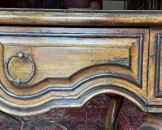 Marge Carson Embossed Leather-Topped Writing Desk. Measures 75" W x 32" D x 31" H. Photo 3 of 7.