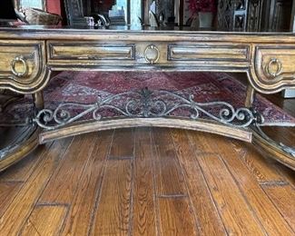 Marge Carson Embossed Leather-Topped Writing Desk. Measures 75" W x 32" D x 31" H. Photo 2 of 7.