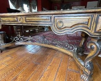 Marge Carson Embossed Leather-Topped Writing Desk. Measures 75" W x 32" D x 31" H. Photo 1 of 7.