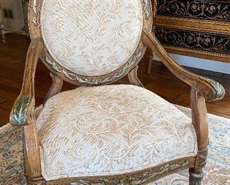 Pair of Antique Louis XV Bergere Chairs Upholstered in Neutral Damask Fabric. Each Measures 29" W x 27" H. Photo 1 of 3.
