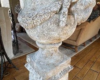 Pair of Cast Concert Vintage Plinth & Urns with Faux Boxwood Topiary. Each Measures 55" H x 30". Photo 3 of 4.