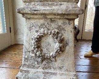 Pair of Cast Concert Vintage Plinth & Urns with Faux Boxwood Topiary. Each Measures 55" H x 30". Photo 4 of 4.