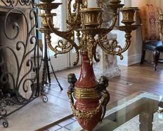 Pair of Antique Brass and Marble Candelabras. Photo 1 of 3.