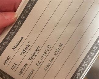 Maimon, "Marie" Signed & Numbered Serigraph. No: 114/235. Measures 23" W x 31" H Unframed. Photo 4 of 4.