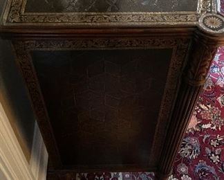 Theodore Alexander Leather Embossed Commode / Chest of Drawers with Lion Head Brass Pulls. Measures 38" W x 18" D x 32" H. Photo 6 of 6.