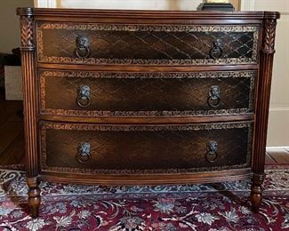 Theodore Alexander Leather Embossed Commode / Chest of Drawers with Lion Head Brass Pulls. Measures 38" W x 18" D x 32" H. Photo 1 of 6.