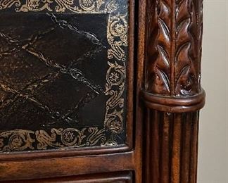 Theodore Alexander Leather Embossed Commode / Chest of Drawers with Lion Head Brass Pulls. Measures 38" W x 18" D x 32" H. Photo 3 of 6.