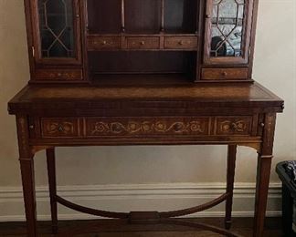 Vintage Regency-Style Maitland-Smith Diminutive Writing Table / Flip-Top Mahogany & Burl Wood Secretary. Measures 36" W x 19" D x 52" H. Photo 1 of 5.