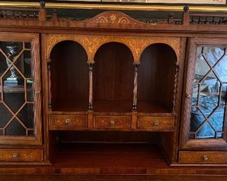 Vintage Regency-Style Maitland-Smith Diminutive Writing Table / Flip-Top Mahogany & Burl Wood Secretary. Measures 36" W x 19" D x 52" H. Photo 4 of 5.