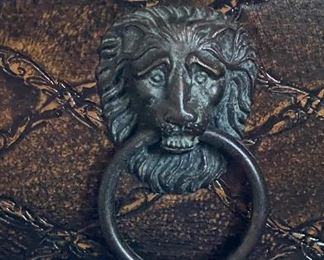 Theodore Alexander Leather Embossed Commode / Chest of Drawers with Lion Head Brass Pulls. Measures 38" W x 18" D x 32" H. Photo 4 of 6.