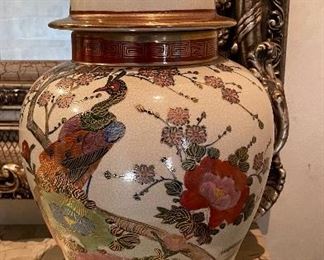 Pair of Asian Motif Ginger Jars with Lids. Photo 1 of 2.