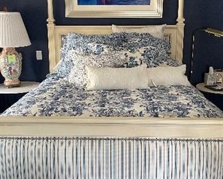 Blue & White Strip Upholstered Four Poster Queen Bed Frame. Photo 1 of 4.