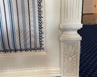 Blue & White Strip Upholstered Four Poster Queen Bed Frame. Photo 3 of 4.