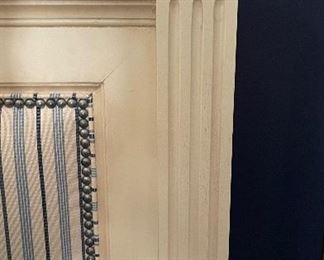 Blue & White Strip Upholstered Four Poster Queen Bed Frame. Photo 4 of 4.