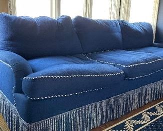 Kittinger Upholstered Sofa with Contrast Piping, Bullion Fringe and Goose Down Pillows. Measures 88" W x 40" D. Photo 1 of 3.