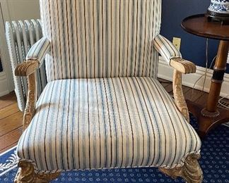 Pair of Blue & White Stripe Upholstered Britt Carter Bergere Chairs. Each Measures 60" W x 27"D x 30" H. Photo 1 of 5.